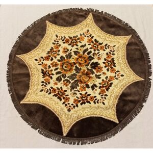 Vintage Round Floral Tablecloth Rug Accent Mat Fringe Brown Orange Beige Gold